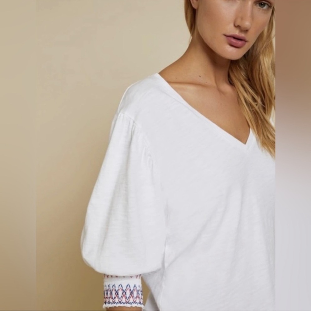 Nation LTD Jude Embroidered Smocked Ballon Sleeve V-neck White Top XS Patriotic - Picture 3 of 12